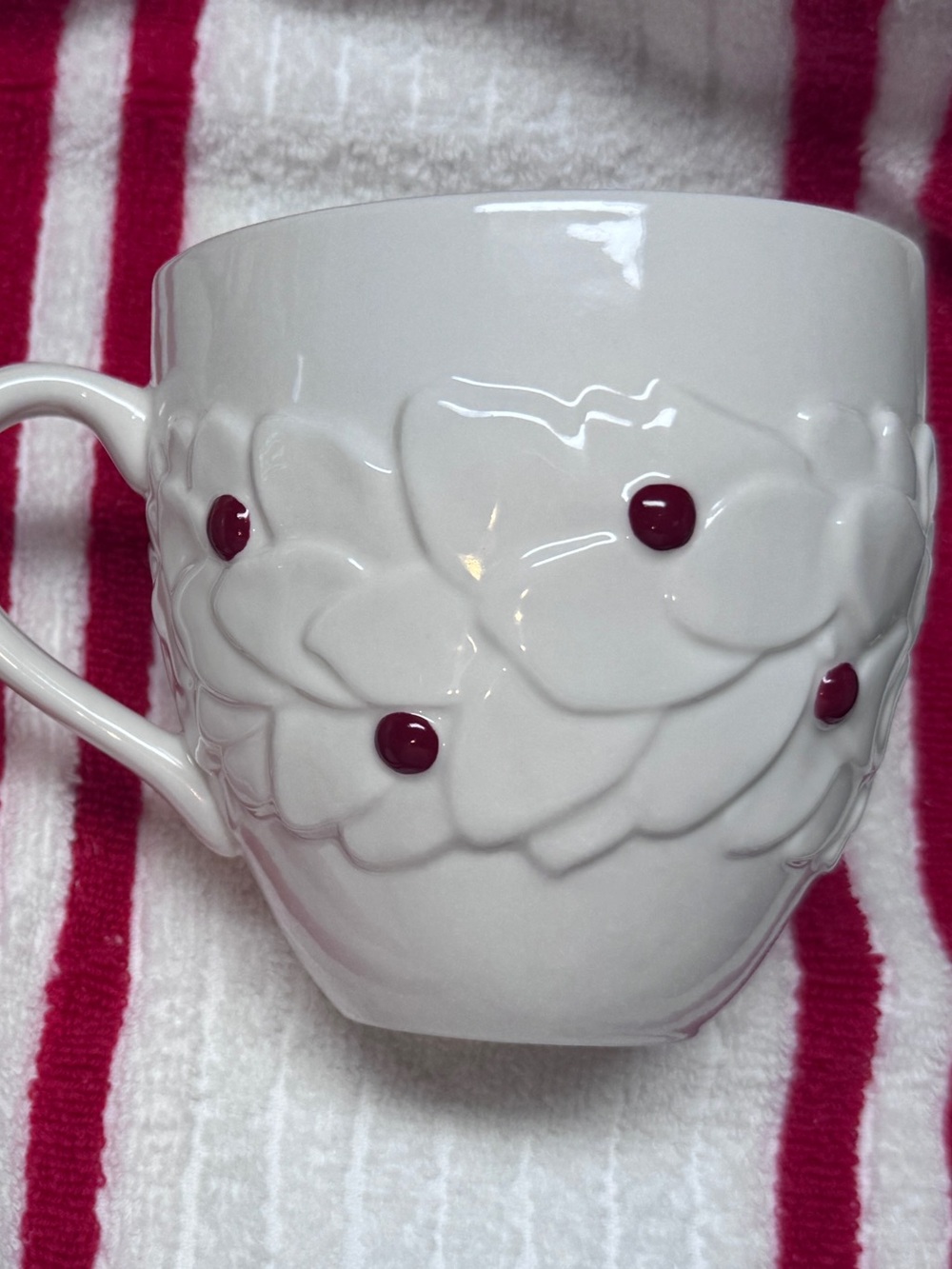 Starbucks White Ceramic Mug with Burgundy Dot Floral Relief